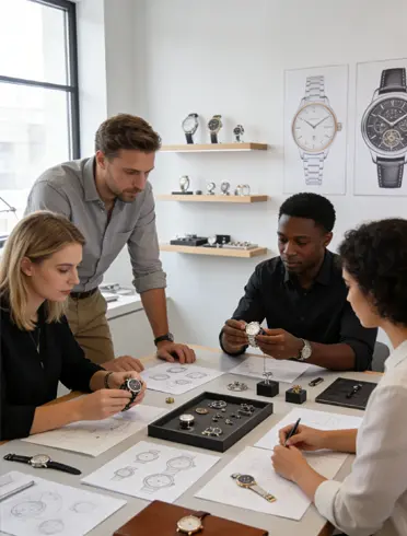 Coreplica design team in a modern studio, collaboratively reviewing watch sketches and prototypes, embodying the brand’s curated approach to inspired timepiece design.