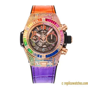 Replica Watches Hublot Big Bang 45mm Rainbow Dial Mens Swiss Automatic Leather Strap 1:1 Clone Watch