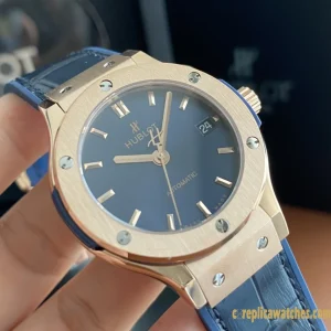 Replica Watches Hublot Classic Fusion 38mm Blue Dial Women Swiss Automatic Leather Strap 1:1 Clone Watch