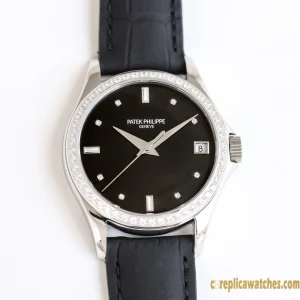 Replica Watches Patek Philippe Calatrava 37mm Black Dial Mens Swiss Automatic Movement Leather Strap 1:1 Clone Watch