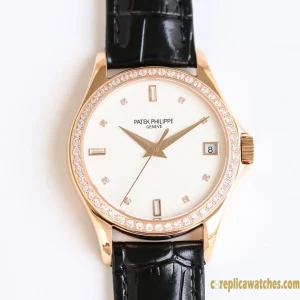 Replica Watches Patek Philippe Calatrava 37mm Cream Dial Ladies Swiss Automatic Movement Leather Strap 1:1 Clone Watch
