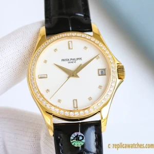 Replica Watches Patek Philippe Calatrava 37mm Cream Dial Women Swiss Automatic Movement Leather Strap 1:1 Clone Watch