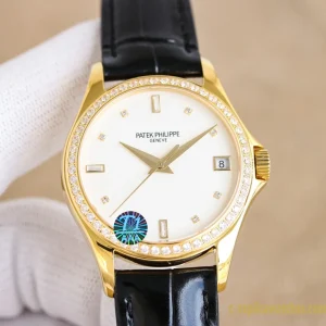 Replica Watches Patek Philippe Calatrava 37mm Cream Dial Ladies Swiss Automatic Movement Leather Strap 1:1 Clone Watch
