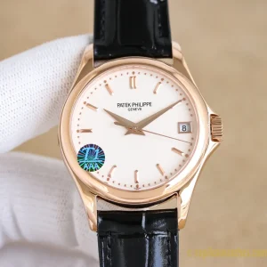 Replica Watches Patek Philippe Calatrava 37mm Cream Dial Men Swiss Automatic Movement Leather Strap 1:1 Clone Watch