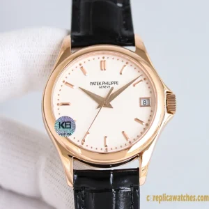 Replica Watches Patek Philippe Calatrava 37mm Cream Dial Men Swiss Automatic Movement Leather Strap 1:1 Clone Watch