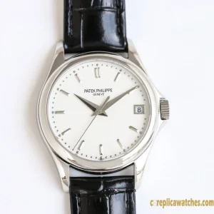 Replica Watches Patek Philippe Calatrava 37mm White Dial Mens Swiss Automatic Movement Leather Strap 1:1 Clone Watch