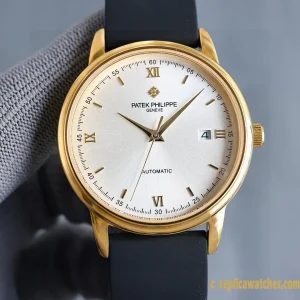 Replica Watches Patek Philippe Calatrava 40 mm Cream Dial Men Swiss Automatic Movement Rubber Strap 1:1 Clone Watch