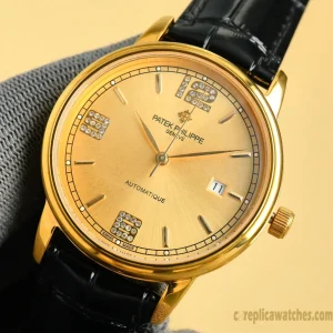 Replica Watches Patek Philippe Calatrava 40 mm Gold Dial Mens Swiss Automatic Movement Leather Strap 1:1 Clone Watch