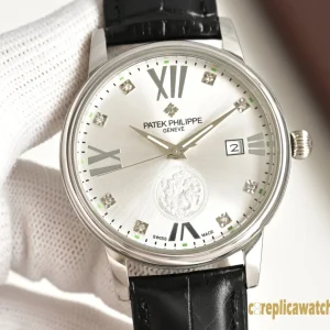 Replica Watches Patek Philippe Calatrava 40 mm Silver Dial Mens Swiss Automatic Movement Leather Strap 1:1 Clone Watch