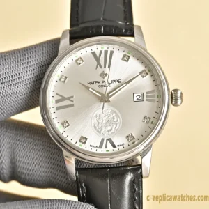Replica Watches Patek Philippe Calatrava 40 mm Silver Dial Men Swiss Automatic Movement Leather Strap 1:1 Clone Watch
