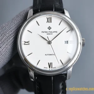 Replica Watches Patek Philippe Calatrava 40 mm White Dial Mens Swiss Automatic Movement Leather Strap 1:1 Clone Watch