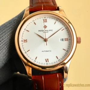 Replica Watches Patek Philippe Calatrava 40 mm White Dial Men Swiss Automatic Movement Leather Strap 1:1 Clone Watch