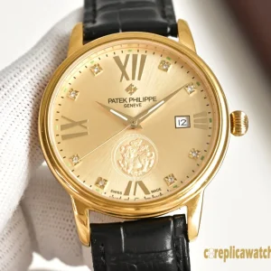 Replica Watches Patek Philippe Calatrava 40 mm Gold Dial Mens Swiss Automatic Movement Leather Strap 1:1 Clone Watch