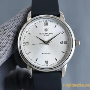 Replica Watches Patek Philippe Calatrava 40mm Silver Dial Men Swiss Automatic Rubber Strap 1:1 Clone Watch