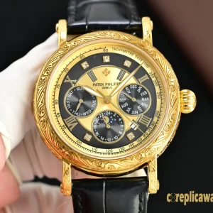 Replica Watches Patek Philippe Complex Functions 42 mm Black Dial Men Swiss Automatic Movement Leather Strap 1:1 Clone Watch