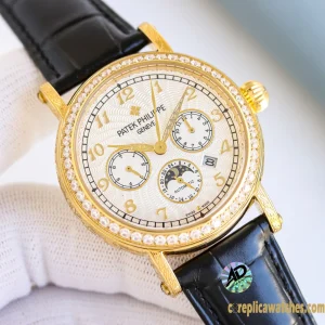Replica Watches Patek Philippe Complex Functions 42 mm Gold Dial Men Swiss Automatic Movement Leather Strap 1:1 Clone Watch