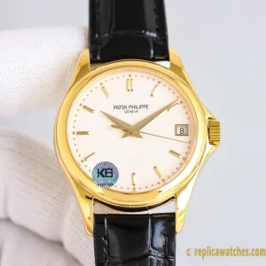 Replica Watches Patek Philippe Calatrava 37mm Cream Dial Men Swiss Automatic Movement Leather Strap 1:1 Clone Watch
