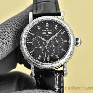 Replica Watches Patek Philippe Grand Complications 42 mm Black Dial Men Swiss Automatic Movement Leather Strap 1:1 Clone Watch