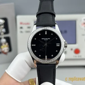 Replica Watches Patek Philippe Calatrava 37mm Black Dial Ladies Swiss Automatic Movement Leather Strap 1:1 Clone Watch