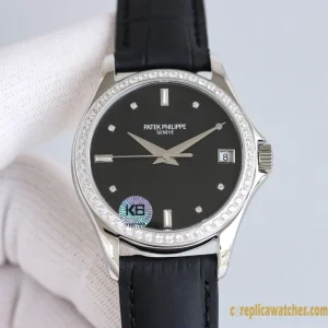 Replica Watches Patek Philippe Calatrava 37mm Black Dial Women Swiss Automatic Movement Leather Strap 1:1 Clone Watch