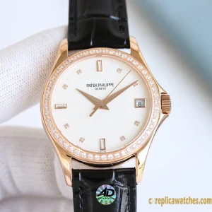 Replica Watches Patek Philippe Calatrava 37mm Cream Dial Women Swiss Automatic Movement Leather Strap 1:1 Clone Watch