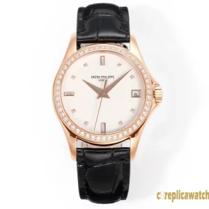 Replica Watches Patek Philippe Calatrava 37mm Cream Dial Women Swiss Automatic Movement Leather Strap 1:1 Clone Watch