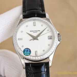 Replica Watches Patek Philippe Calatrava 37mm White Dial Women Swiss Automatic Movement Leather Strap 1:1 Clone Watch