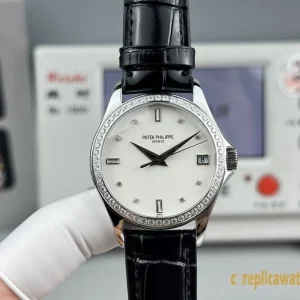 Replica Watches Patek Philippe Calatrava 37mm White Dial Women Swiss Automatic Movement Leather Strap 1:1 Clone Watch