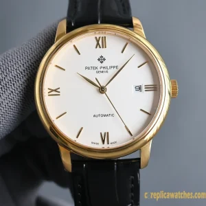 Replica Watches Patek Philippe Calatrava 40 mm Cream Dial Men Swiss Automatic Movement Leather Strap 1:1 Clone Watch