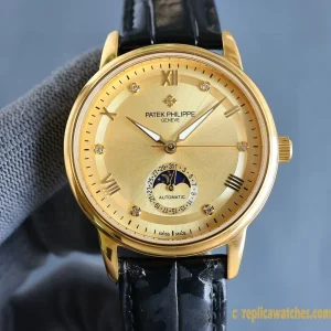 Replica Watches Patek Philippe Calatrava 40 mm Gold Dial Men Swiss Automatic Leather Strap 1:1 Clone Watch