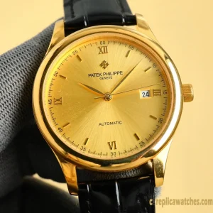 Replica Watches Patek Philippe Calatrava 40 mm Gold Dial Mens Swiss Automatic Movement Leather Strap 1:1 Clone Watch