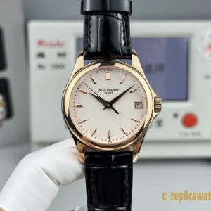 Replica Watches Patek Philippe Calatrava 37mm Cream Dial Men Swiss Automatic Movement Leather Strap 1:1 Clone Watch