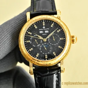 Replica Watches Patek Philippe Grand Complications 42 mm Black Dial Men Swiss Automatic Movement Leather Strap 1:1 Clone Watch