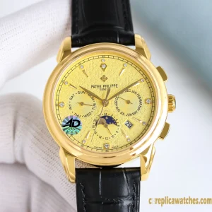 Replica Watches Patek Philippe Grand Complications 42mm Gold Dial Mens Swiss Automatic Movement Leather Strap 1:1 Clone Watch