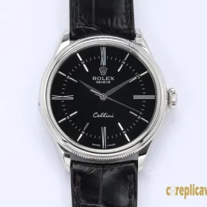 Replica Watches Rolex Cellini 39mm Black Dial Men Swiss Automatic Movement Leather Strap 1:1 Clone Watch