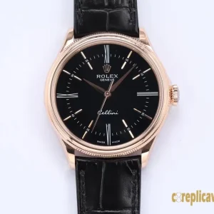 Replica Watches Rolex Cellini 39mm Black Dial Men Swiss Automatic Movement Leather Strap 1:1 Clone Watch
