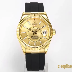 Replica Watches Rolex Sky-Dweller 42mm Gold Dial Mens Swiss Automatic Movement Rubber Strap 1:1 Clone Watch