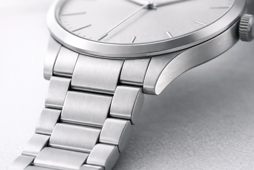 Stainless steel replica watch bracelet and case detail