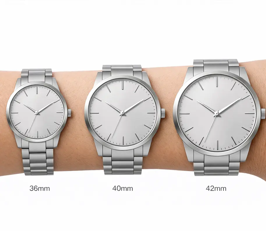 Comparison of 36mm, 40mm and 42mm stainless steel watches on wrist